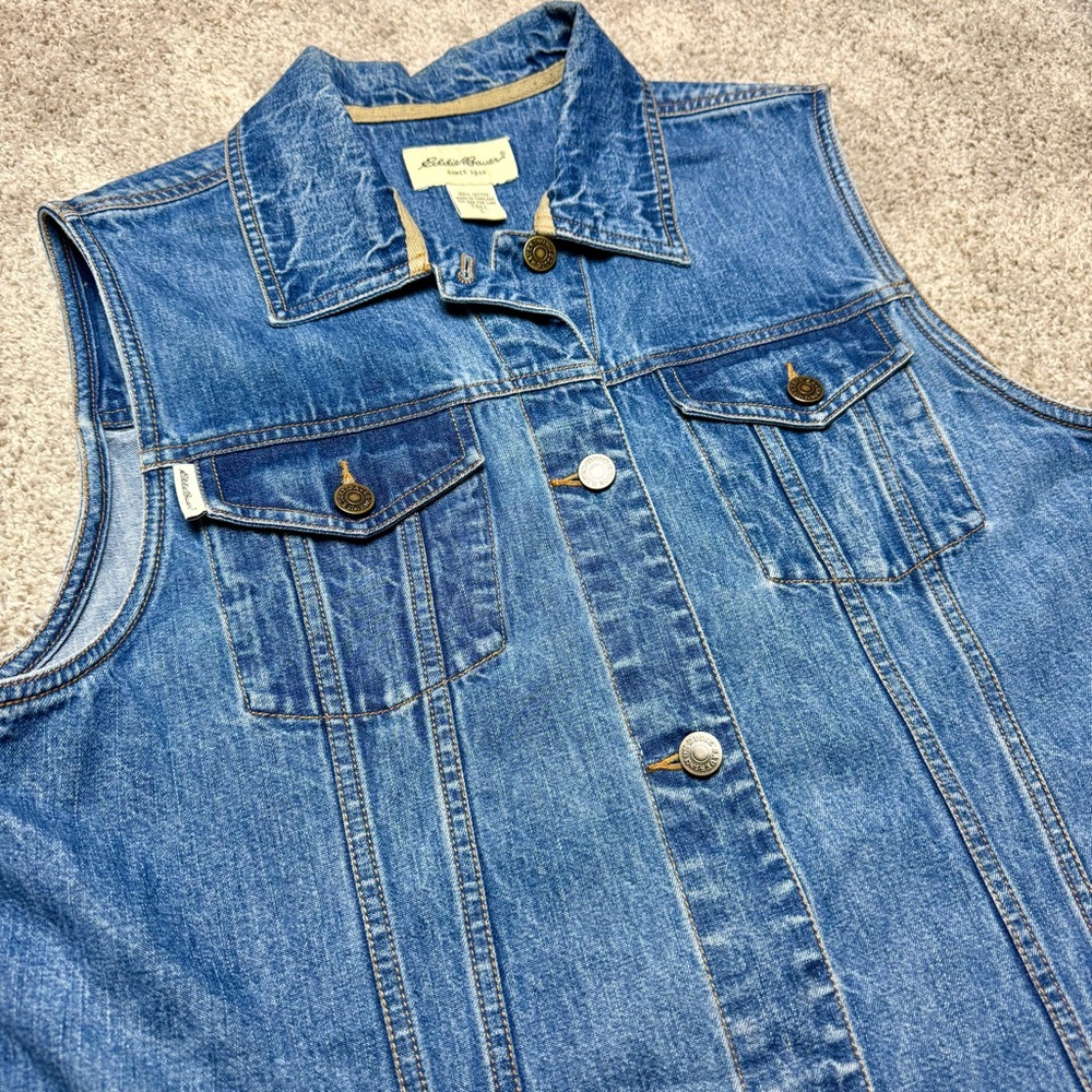 Eddie Bauer Womens Blue Denim Vest Y2K Collared Button Front Trucker Size L Tall